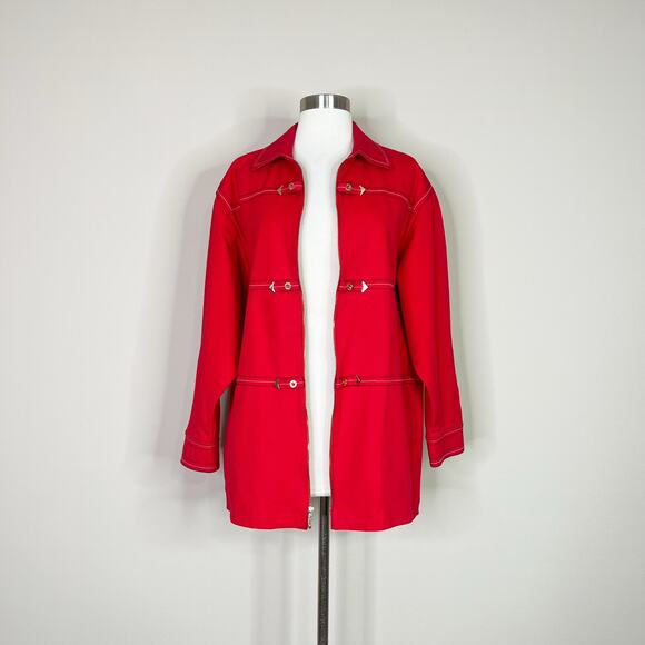 St. John | Cherry Red Embroidered Stripe Zip Designer Lightweight Jacket Coat M - Picture 12 of 12